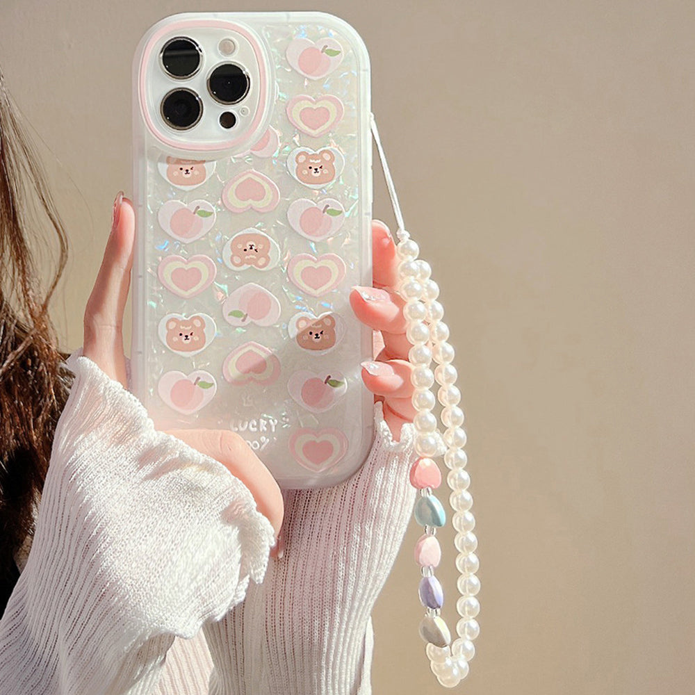 Phone Cover for iPhone 12 Pro Peach Heart Bear Pattern Decor Phone Shell TPU Phone Case with Pearl Chain Phone Cover for iPhone 12 Pro Peach Heart Bear Pattern Decor Phone Shell TPU Phone Case with Pearl Chain